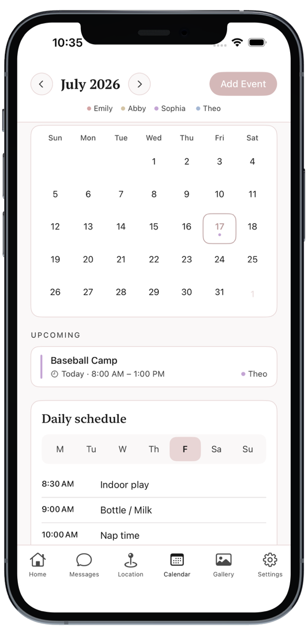 Nanny Nexus shared calendar with color-coded family events and a daily schedule