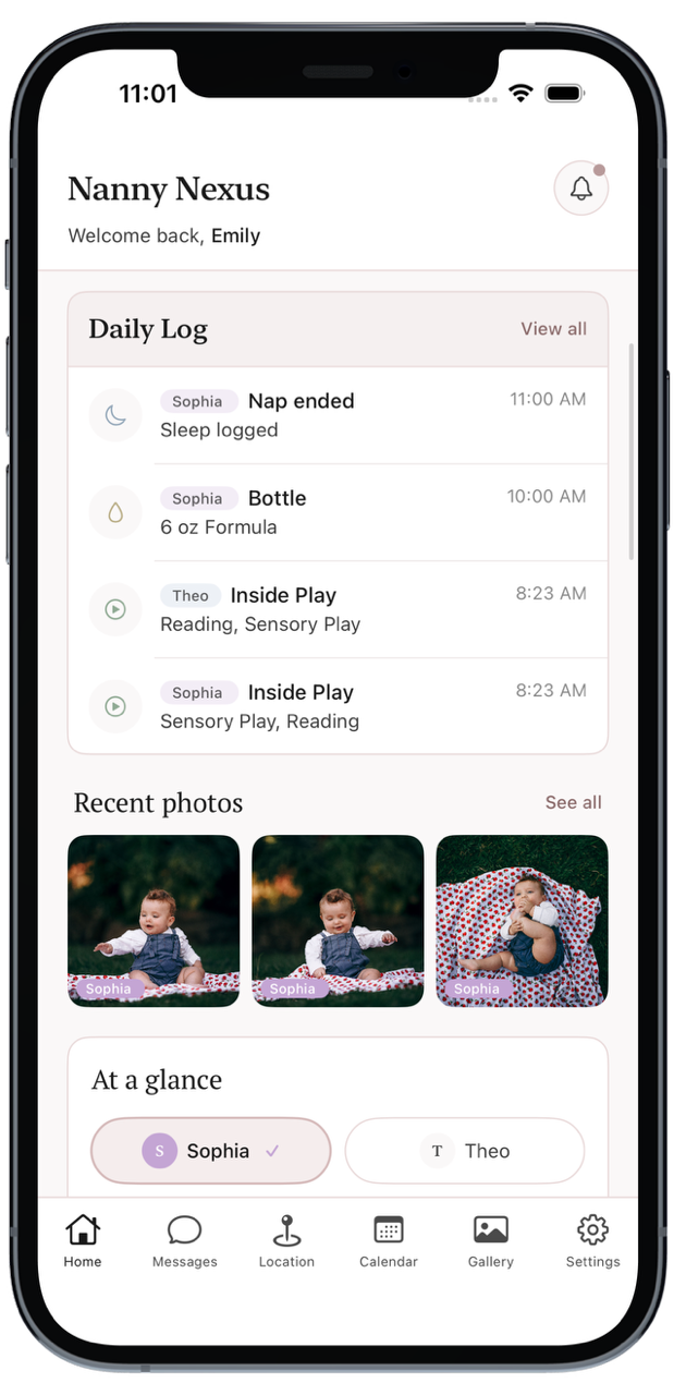 Nanny Nexus home screen showing the daily log feed and recent photos