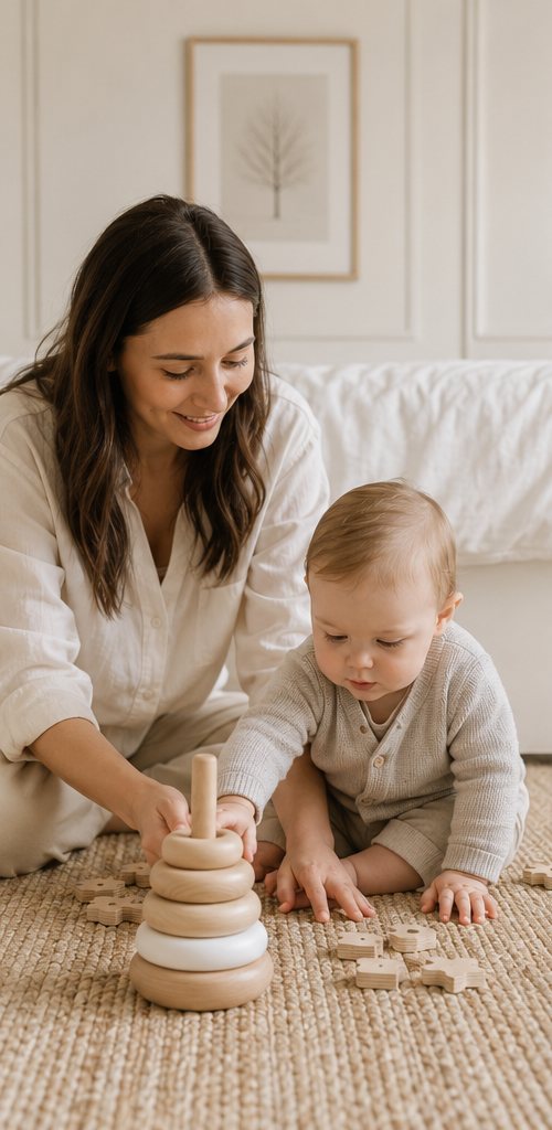 A caregiver and baby stacking wooden rings together on a soft rug