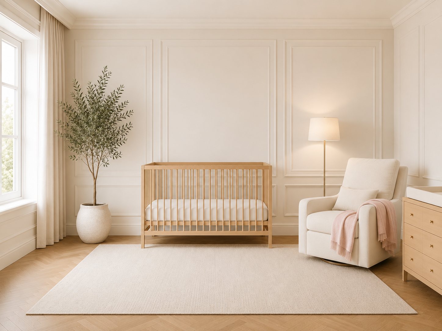 A calm cream nursery with a wooden crib, rocking chair, and olive tree