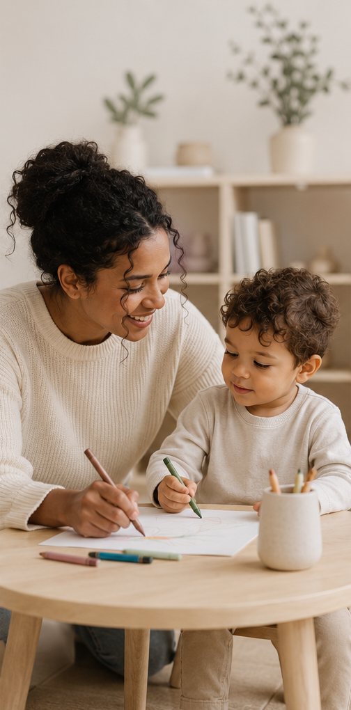 A caregiver and toddler drawing together at a wooden table