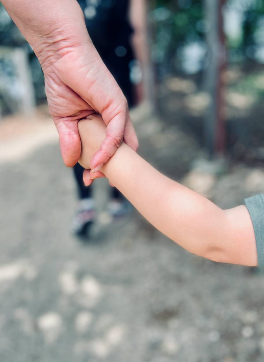 An adult hand holding a small child's hand